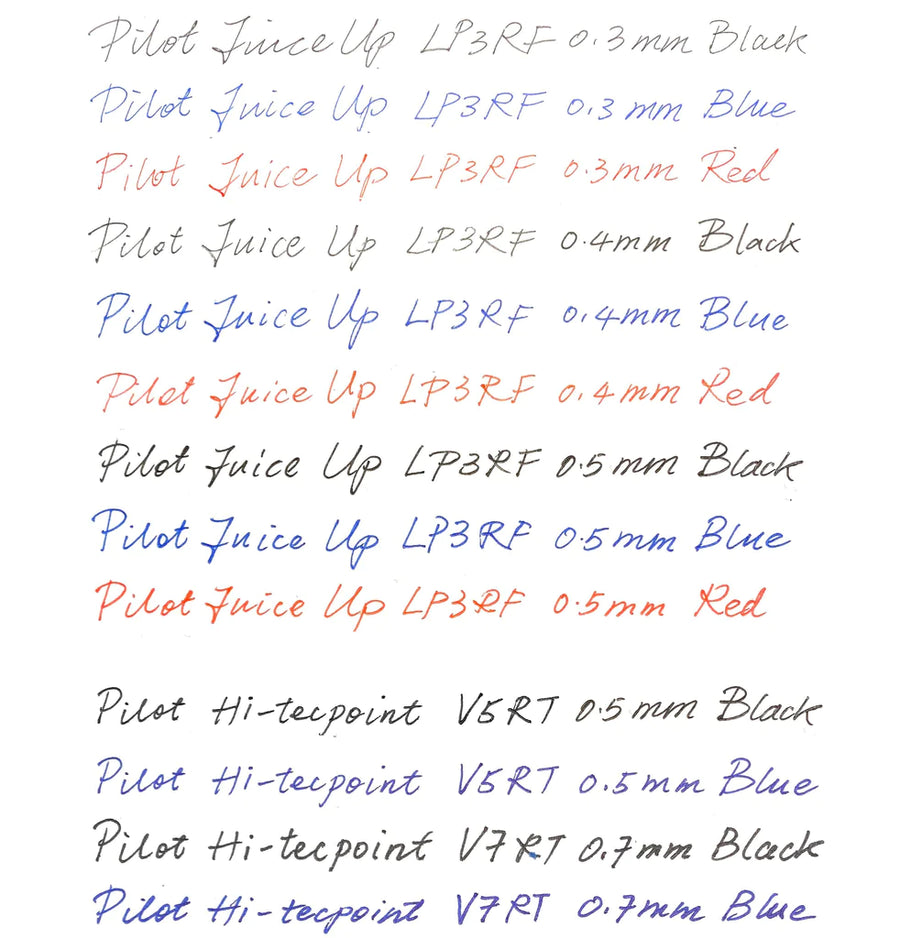 Pilot LP3RF Juice Up Refill for Stilform ARC Gel Pen in black, blue, and red, writing samples