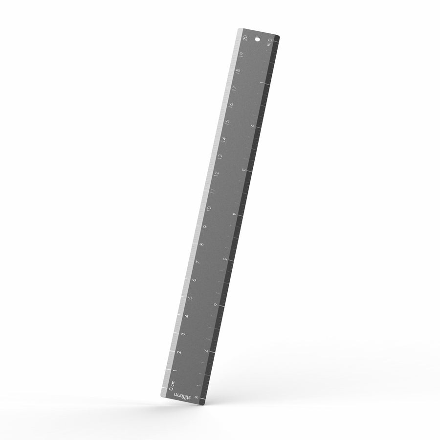 Stilform Aluminium Ruler in Comet Grey finish, showcasing its minimalist design and precision craftsmanship
